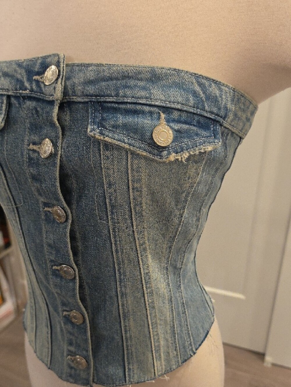 Zara Light Blue Denim strapless Button-Front Corset Top size M new with tags - Picture 4 of 10